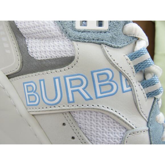 $850 BURBERRY SEAN WHITE SUEDE MESH PALE BLUE LOGO LOW SNEAKERS 41 US 8 ITALY main image 13